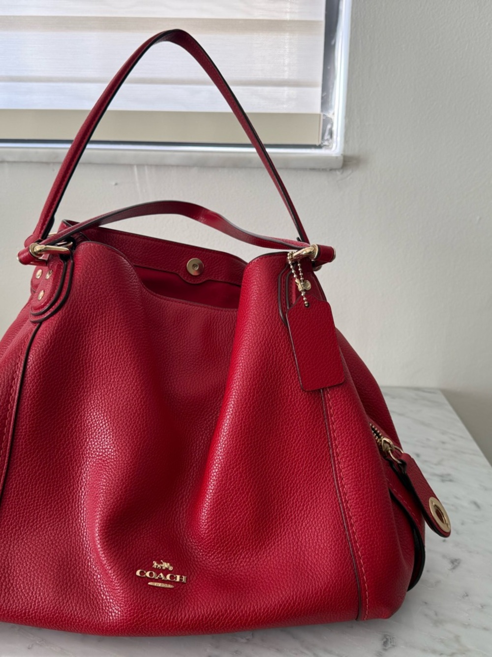 Coach Red Pebbled Leather Shoulder Bag with Gold Hardware
